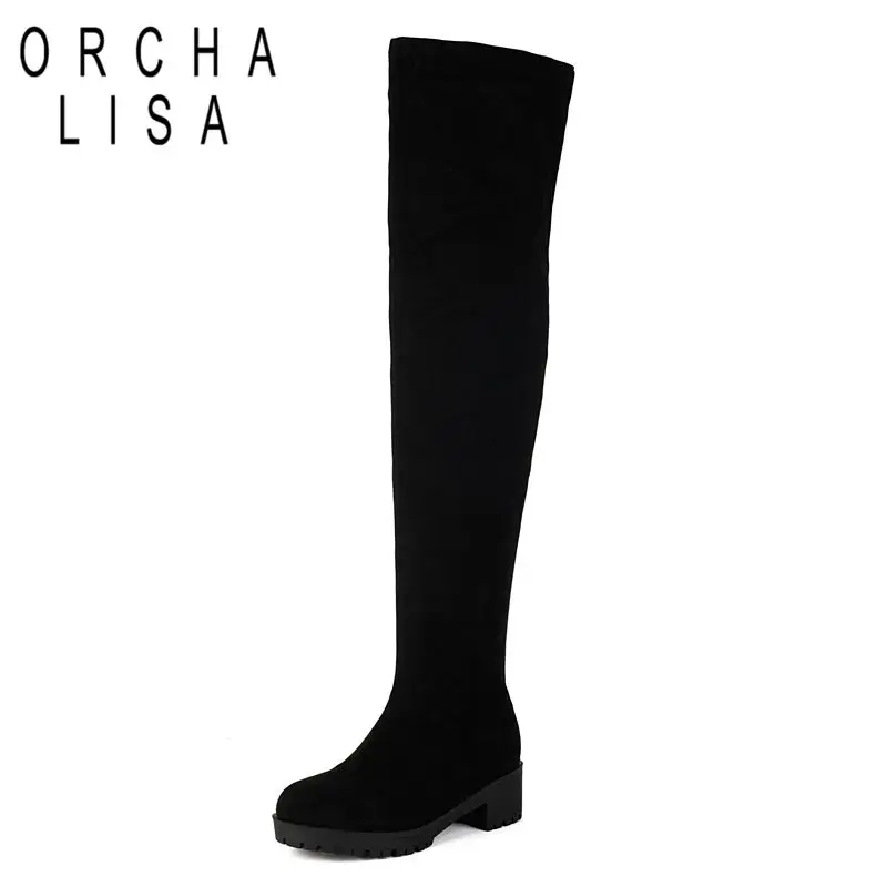 

ORCHA LISA 2025 Эластичные женские сапоги выше колена с круглым носком из флока, замша, толстые каблуки 4,5 см, большие размеры 44 45 46 43 Thigh Bota