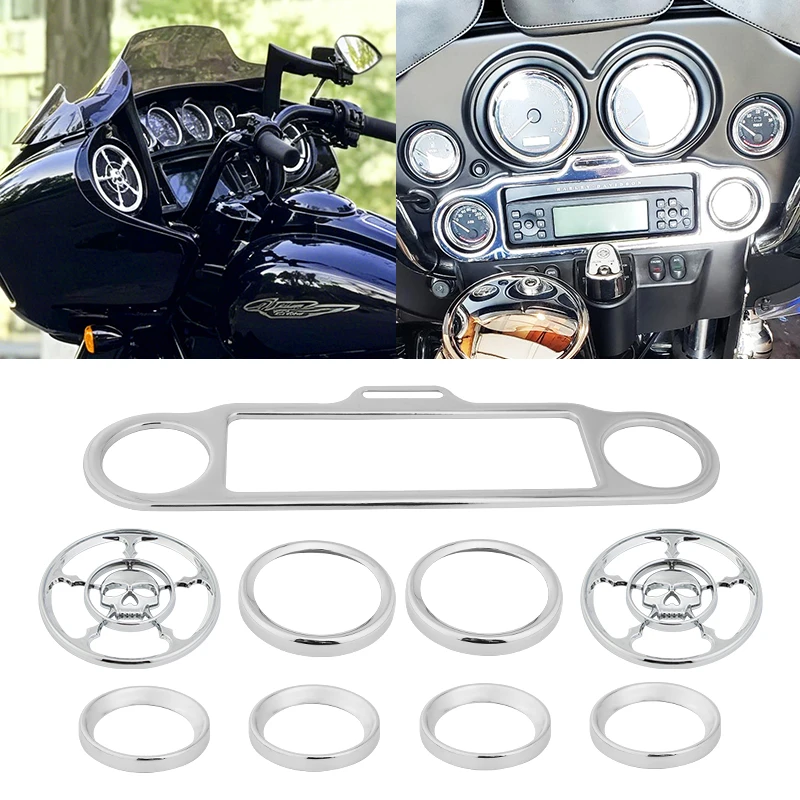 Motorcycle Dashboard Trim Skull Speaker Cover Gauge Bezel Set for Harley Touring Electra Road Street Glide Road King 1996-2013