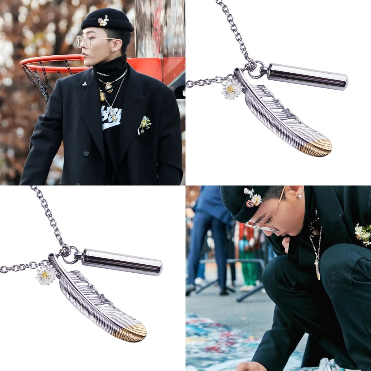 Korean Idol G-DRAGON Same Style Necklace Kpop Trend GD Same Style Titanium Steel Feather Daisy Pendant Necklace