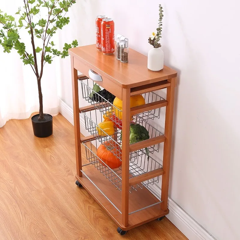 Fruit and vegetable storage cart, foldable mobile solid wood dining table, kitchen rack