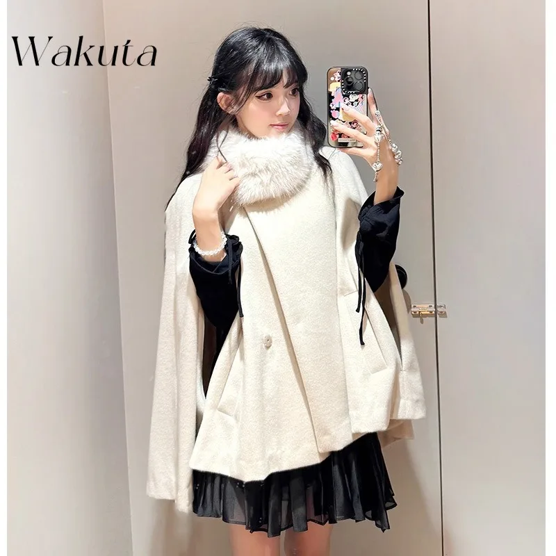 WAKUTA Japanese Retro Hair Collar Long-sleeved Tweed Cape Coat Fall/Winter Sweet Loose Solid Christmas Tweed Wool Польто Женское