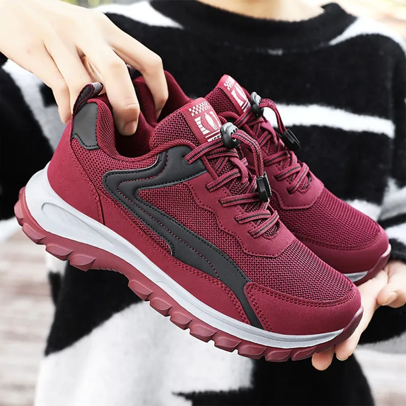 

Burgundy Women Walking Sneakers Breathable Non-slip Lightweight Mesh Shoes with Easy Closure for Casual Wear