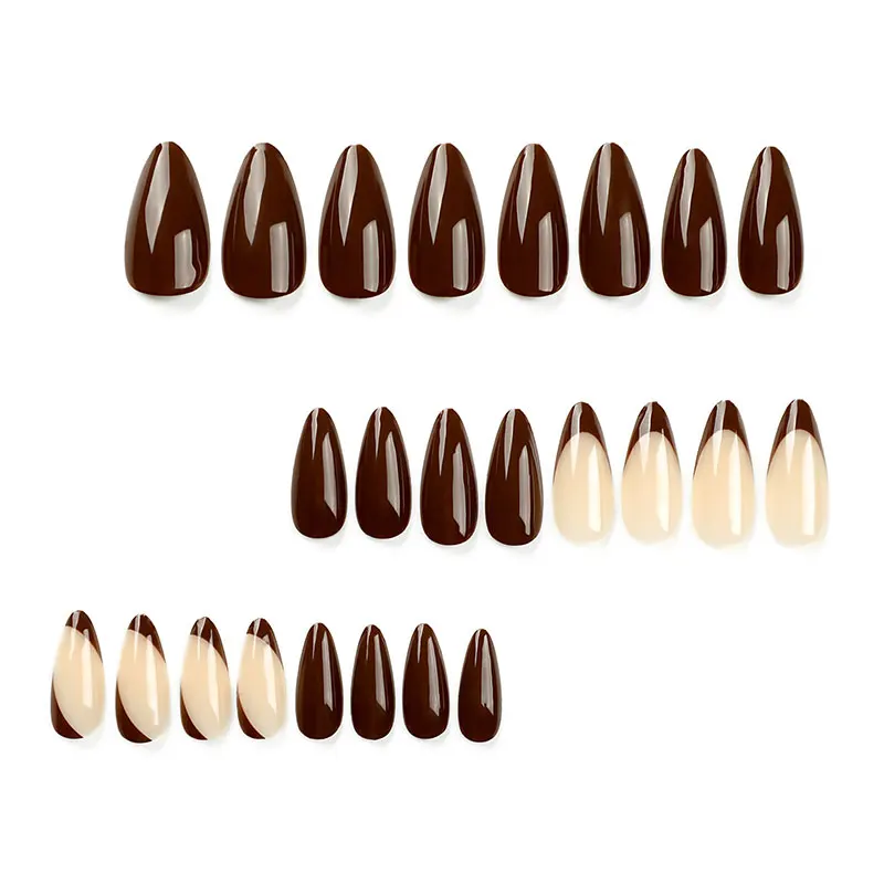 24pcs simple French manicure sheets, fake nails, brown with white, more youthful fake nails