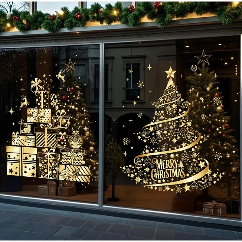 PVC doppelseitig bedruckter statischer Fensteraufkleber Weihnachtsaufkleber Gold Weihnachtsdekorationen Atmosphäre Glasaufkleber Neujahr