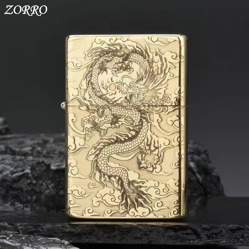 New Original ZORRO Kerosene Lighter Retro Creative Pure Copper Shell Windproof Brass Cigarette Gasoline Engine Smoking Gift Box