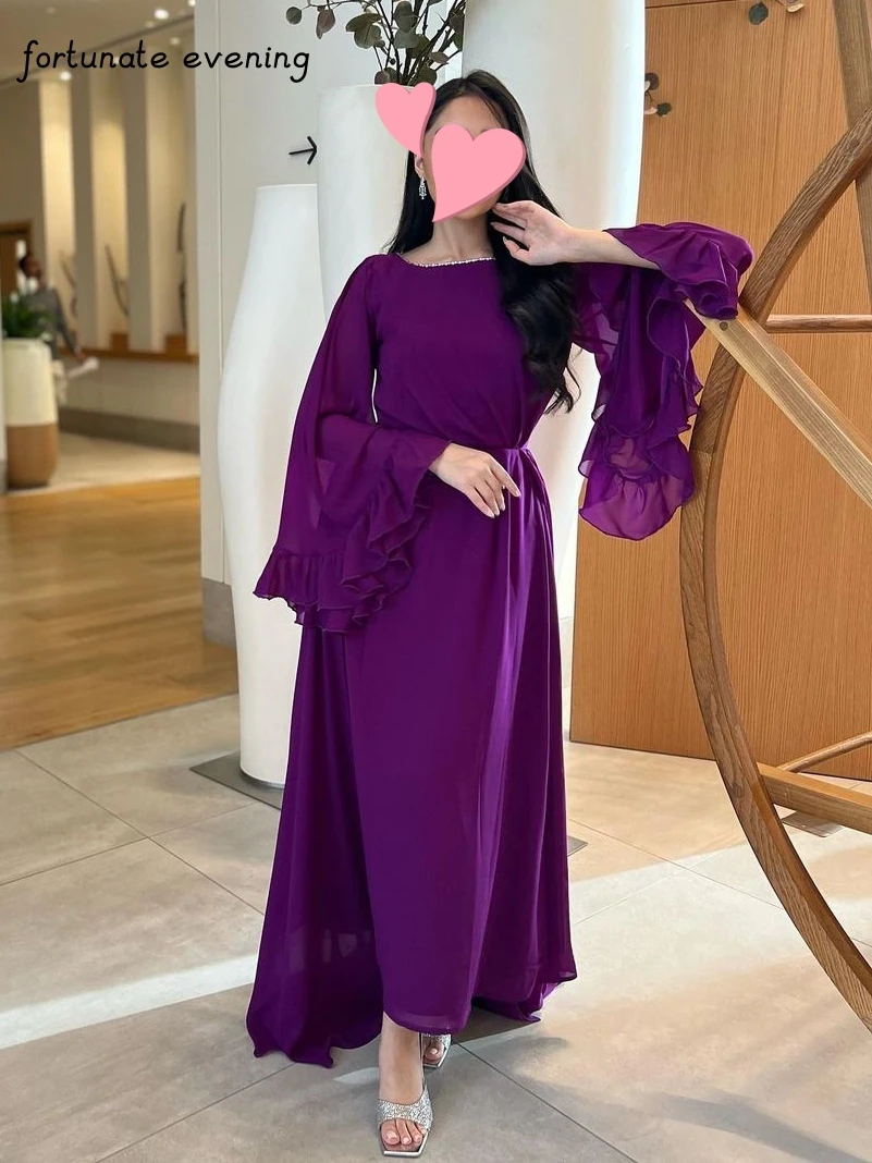 Fortunate Evening Elegant Vintage Sweet Sexy Purple Beads Chiffon Backless Ruffle Formal Occasion Prom Dress Evening Party Gowns