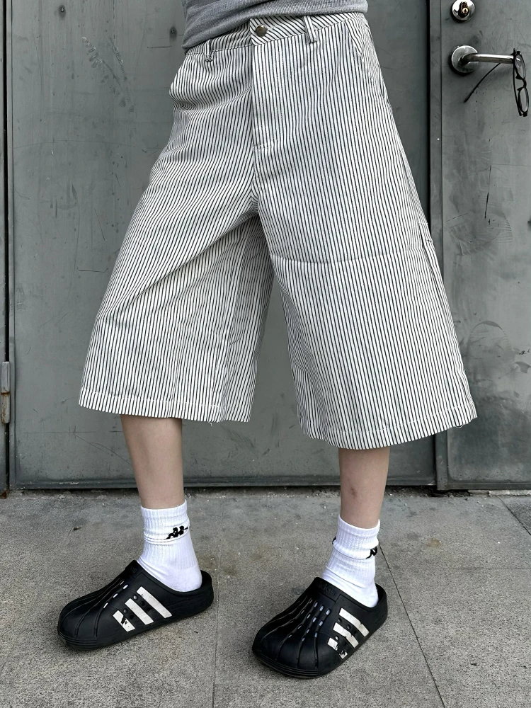 

Американские ретро-шорты в полоску, унисекс, свободные, широкие, в стиле рабочей одежды, длиной 7/8, для молодежи, на все сезоны