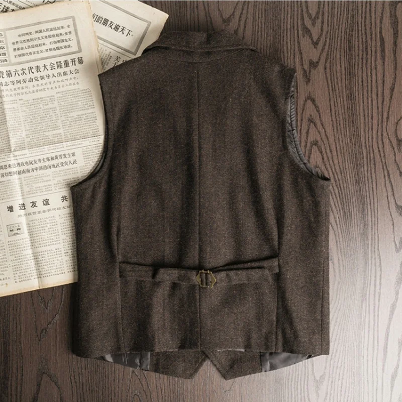 Autumn and Winter Retro Herringbone Vest Men's Suit Collar Vest Slim European and American Khaki Tweed Vest
