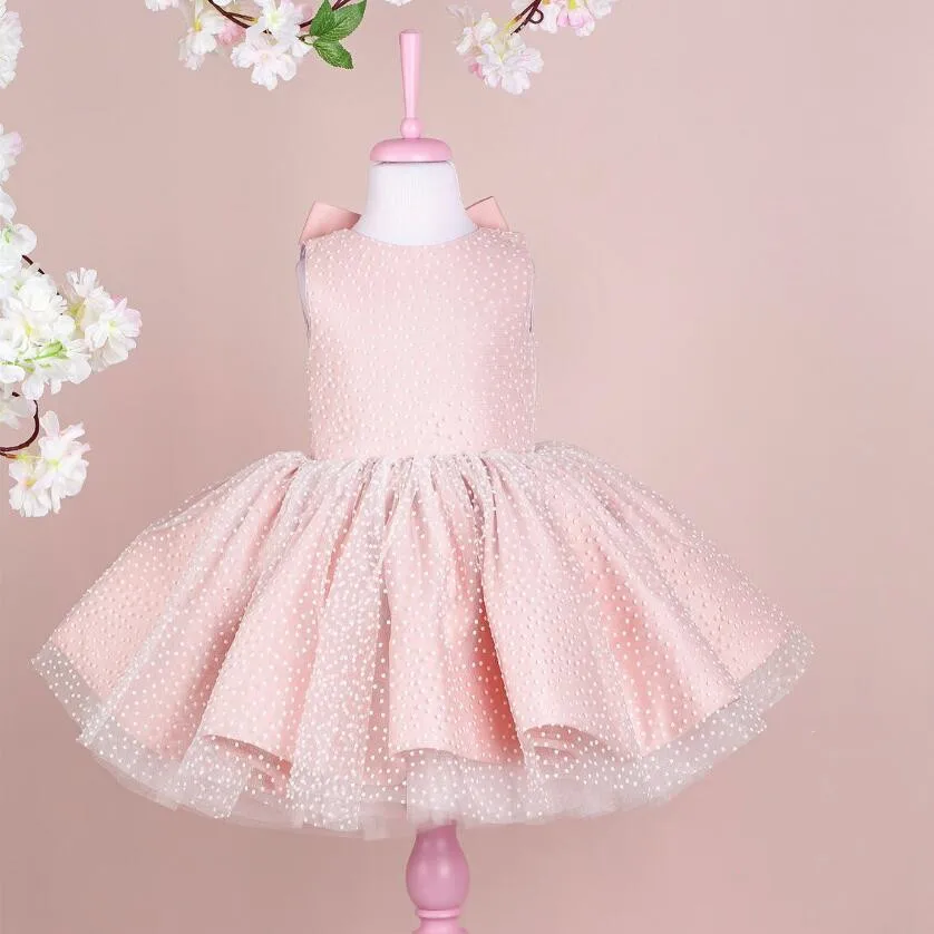 New Pink Big Ribbon Sleeveless Baby Girls Birthday Party Gown Short Lolita Princess Dress Baby Clothing Puffy Ball Gown