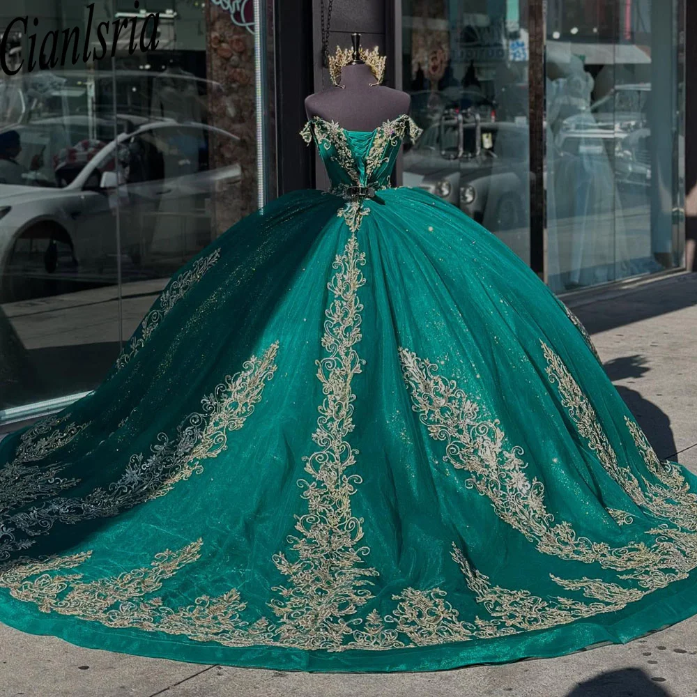 Princess Green  Quinceanera Dress Pretty Floral Applique Beading Off Shoulder Mexico Corset Sweet 16 Vestido De 15