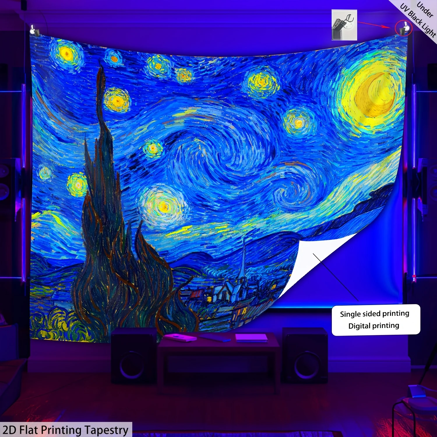 Van Gogh Starry Night UV Reactive Glow Art 2D Flat Tapestry Backdrop For Bedroom Decor Famous Painting Wall Hanging Print