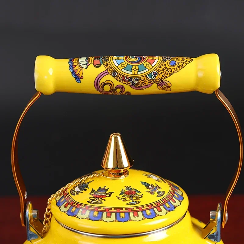 Enameled Teakettle with Ceramic Handle,Tibet good luck yellowTea Kettle for Stovetop/induction cooke Hot Water No Whistling 2.4L