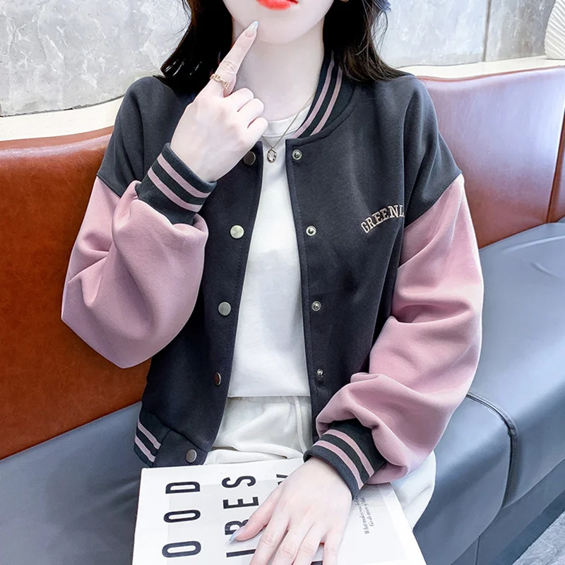 Baseball Jackets Light Blue Womens 2025Spring Knitwear Trendy Wool Boyfriend Sportswear Simple Rhinestones Trekking Kawaii Retro