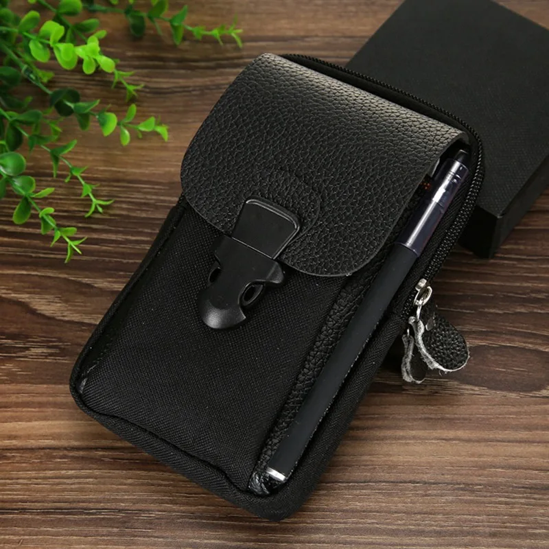 Black Men\'s Mobile Phone Bag Pu Leather Double Zipper Men\'s Waist Bag Coin Purse Outdoor Male Waist Bag