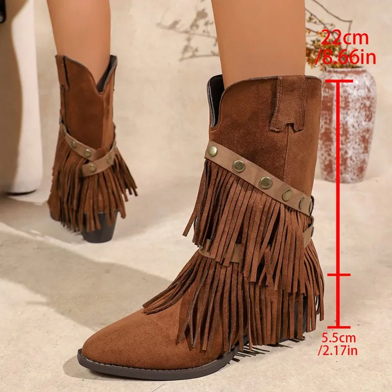 New 2026 Retro Rivet Tassel Western Boots Women Pointed Toe Chunky Heel Slip on Mid Calf Boots Vintage Cowboy Style Knight Boots