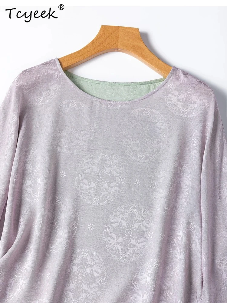 Tcyeek 100% Real Silk Shirts for Women 2026 Spring Summer Elegant Pinkish Purple Reversible Top Clothes for Ladies Tops De Mujer