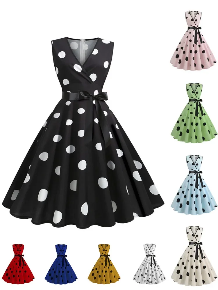 2024 Summer Dresses for Women Sleeveless Retro Hepburn 1950s 60s Rockabilly Polka Dot V-Neck Pinup Party Robe Swing Vestidos