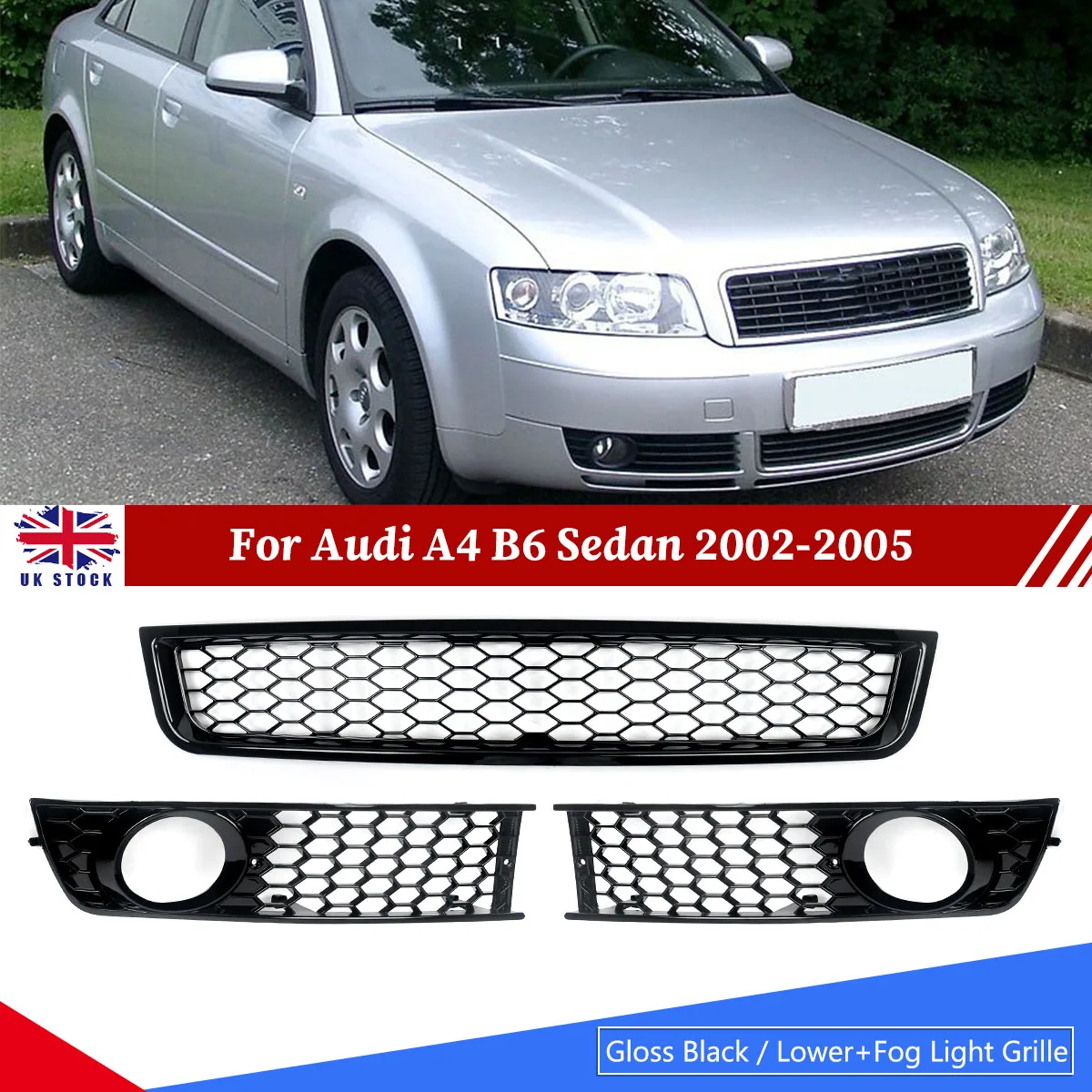 

Для Audi A4 B6 2002-2005 гг., передняя нижняя решетка + противотуманная фара, гриль в сотовом стиле, 3 шт.