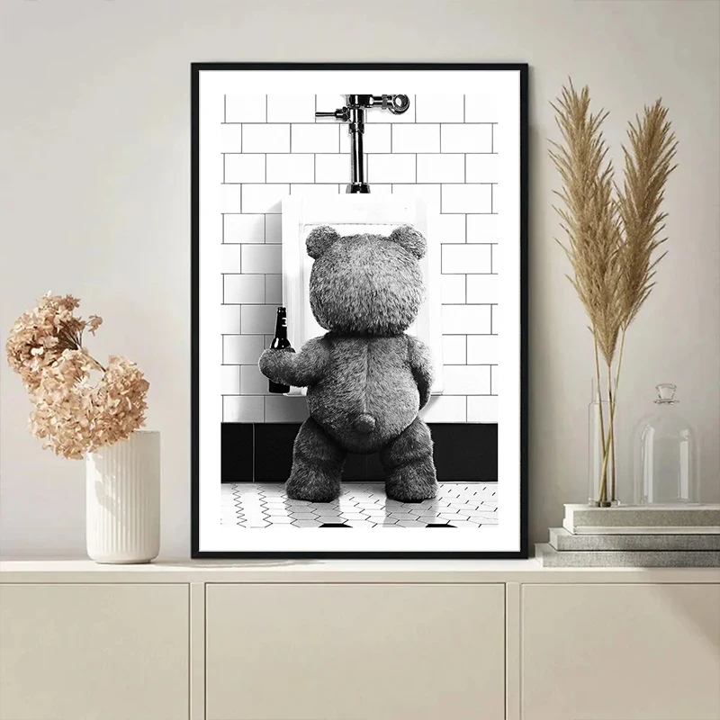 Black White Cute Bear Bathroom Decoration Poster Canvas Print Painting Wall Picture Art Modern Fashion Room Home Toilet Decor