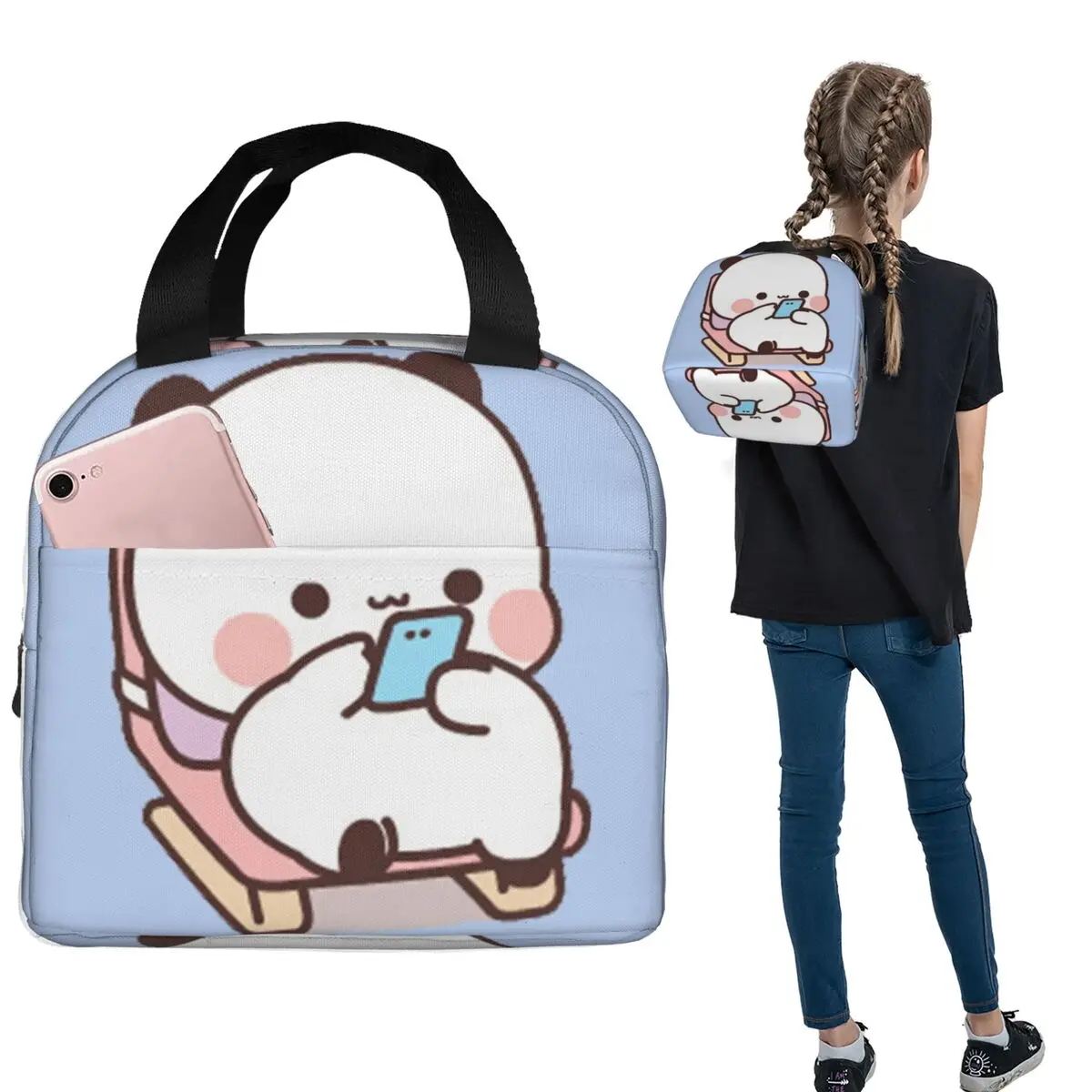 Cartoon Panda Playing With Mobile Phone Insulated Lunch Bag for Women Kids Portable Food Boxes Thermal Lunch Box Tote
