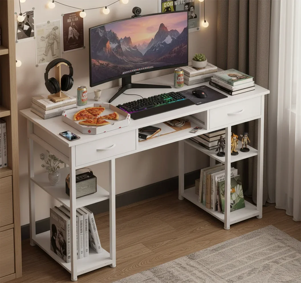 Gaming Desk with Storage Drawers, Spacious Study & Workstation Table for Dorm Rooms or Home Offices