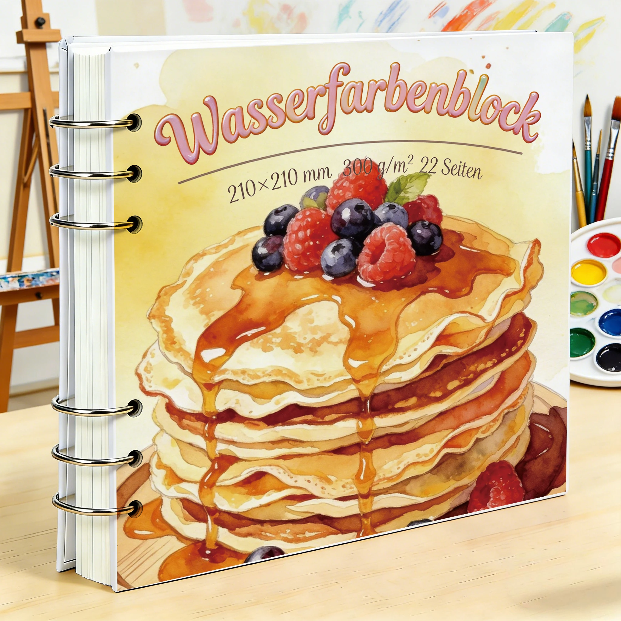 Professional Watercolor Sketchbook 210×210 mm, 300 GSM Rough Paper, Removable Metal Rings, Hand-Painted Berry Pancake Stack Cove