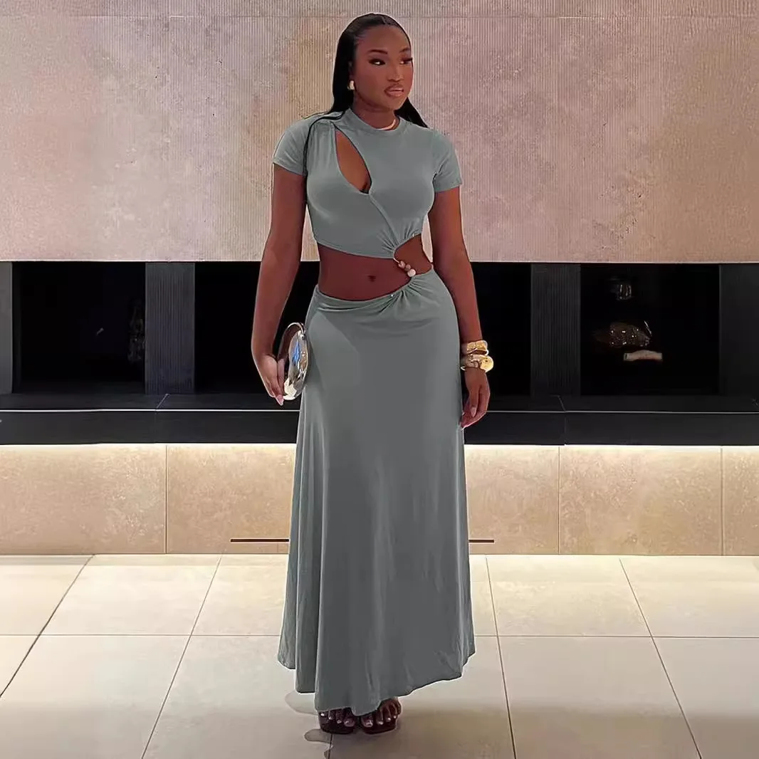 Women Long Skirt Sets Sexy 2 Piece Suit T Shirt Top Skirts Beading Round Collar Short Sleeve Ensemble 2025 Summer Outfits