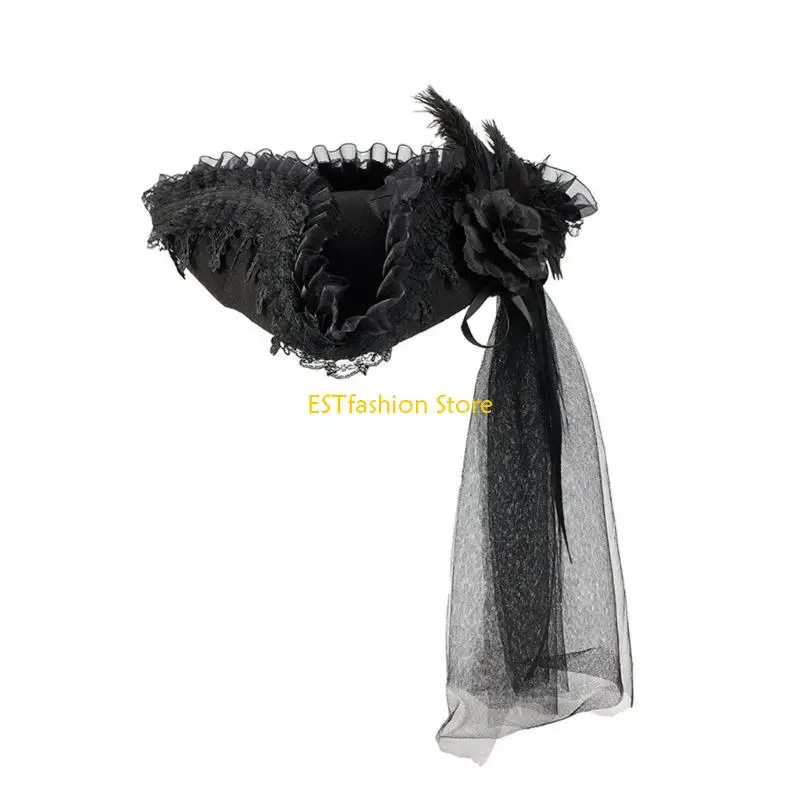 Y5GC Colonial Tricorn Hat With Lace Flower Detailing For Halloween Costume Roleplay Theater Production Dressingup Headwear