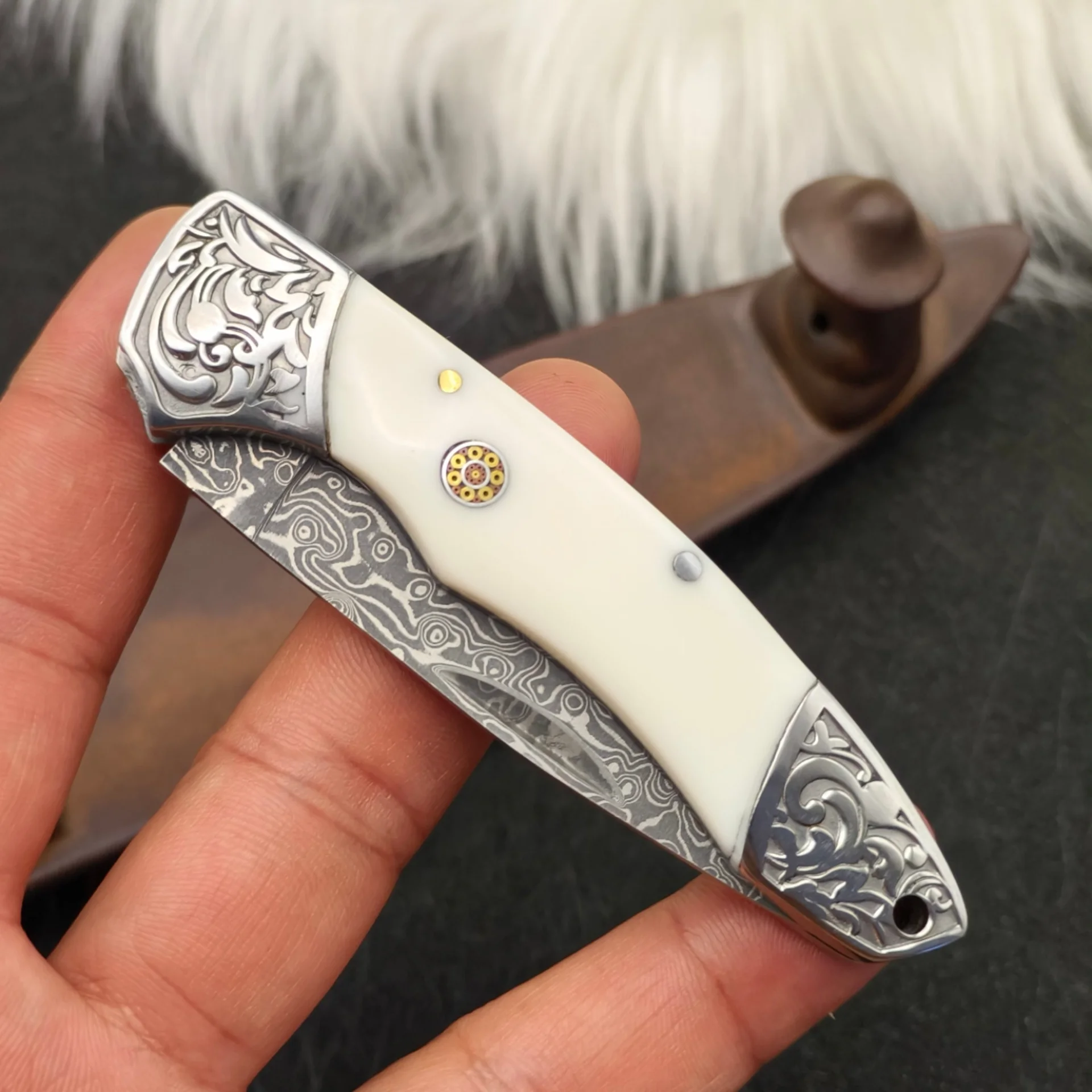 2026 NEW Damascus Folding Knife Beef Bone Handle Embossed Steel Head Sharp Blade Outdoor Portable EDC Pocket Knife