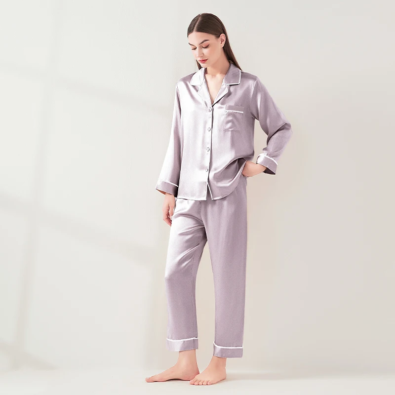 19MM Real Mulberry Silk Long Sleeve Long Pants Pajamas Set Spring Autumn Lapel Nightwear Solid Color Cardigan Pajama Loungewear