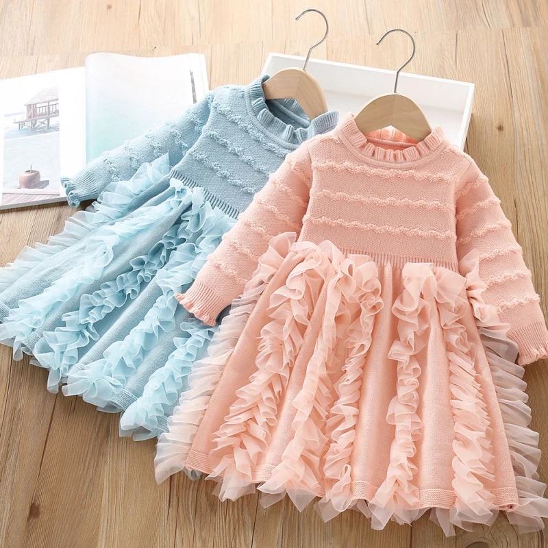 

Girls Sweater Dress Autumn Winter New Fashionable Solid Color Little Girl Knitted Long Sleeve Princess Dress Trendy