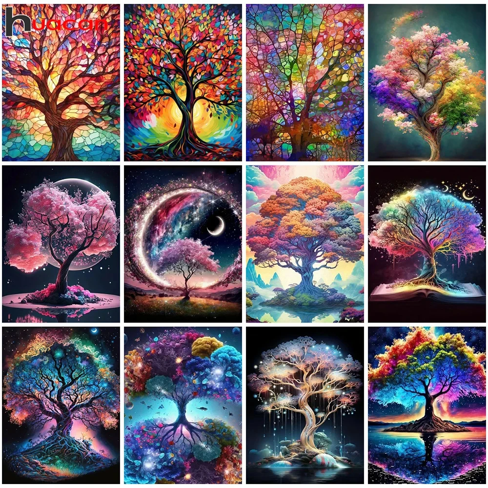 Huacan Diamond Mosaic Landscape Full Diamond Painting Tree Of Life Fantasy Art Wall Decor Set Rhinestone Pictures