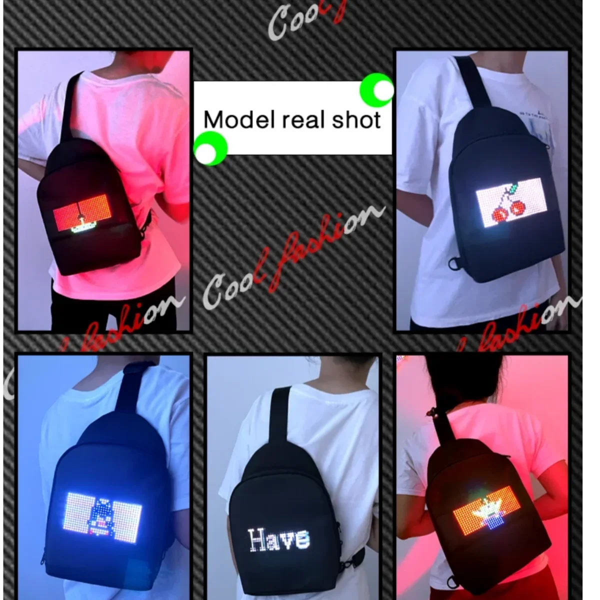 Bolsa de exibição de led inteligente app led pixel tela para mulheres homens diy multilíngue graffiti dinâmico bolsa de ombro saco de peito mochila led