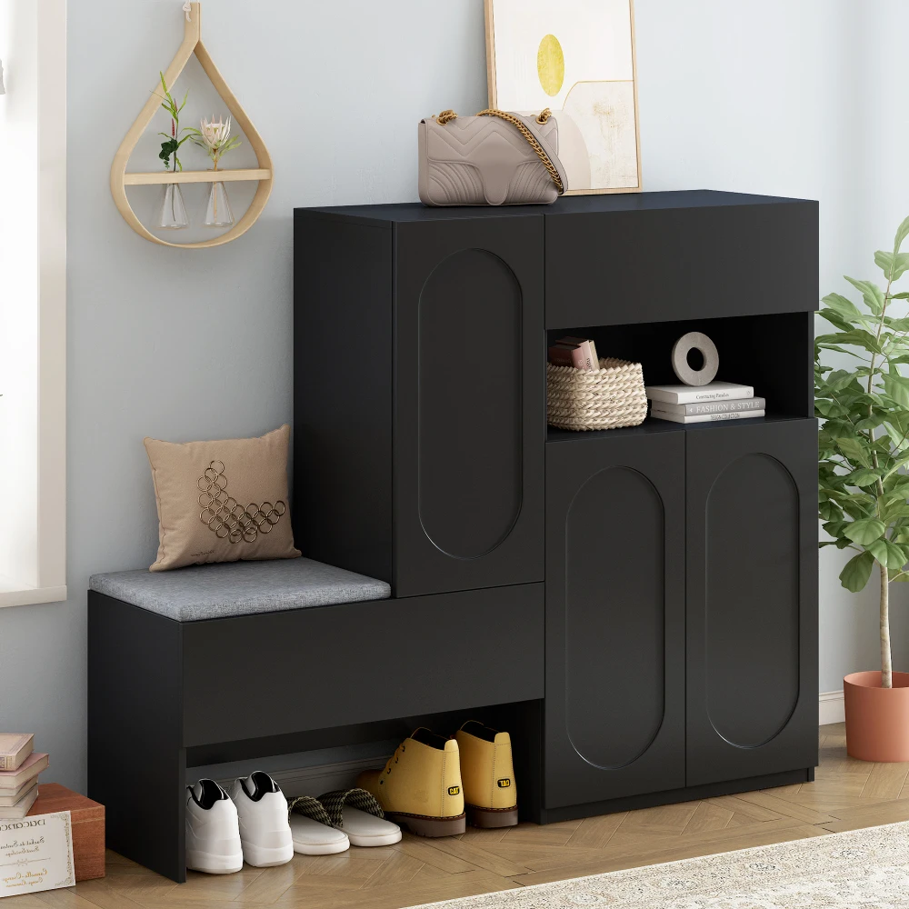 

Elegant 2-in-1 Shoe Cabinets with Soft Cushion, Modern Storage Bench with Arched Doors & Rebound Devices, Versatile Shoe Rack