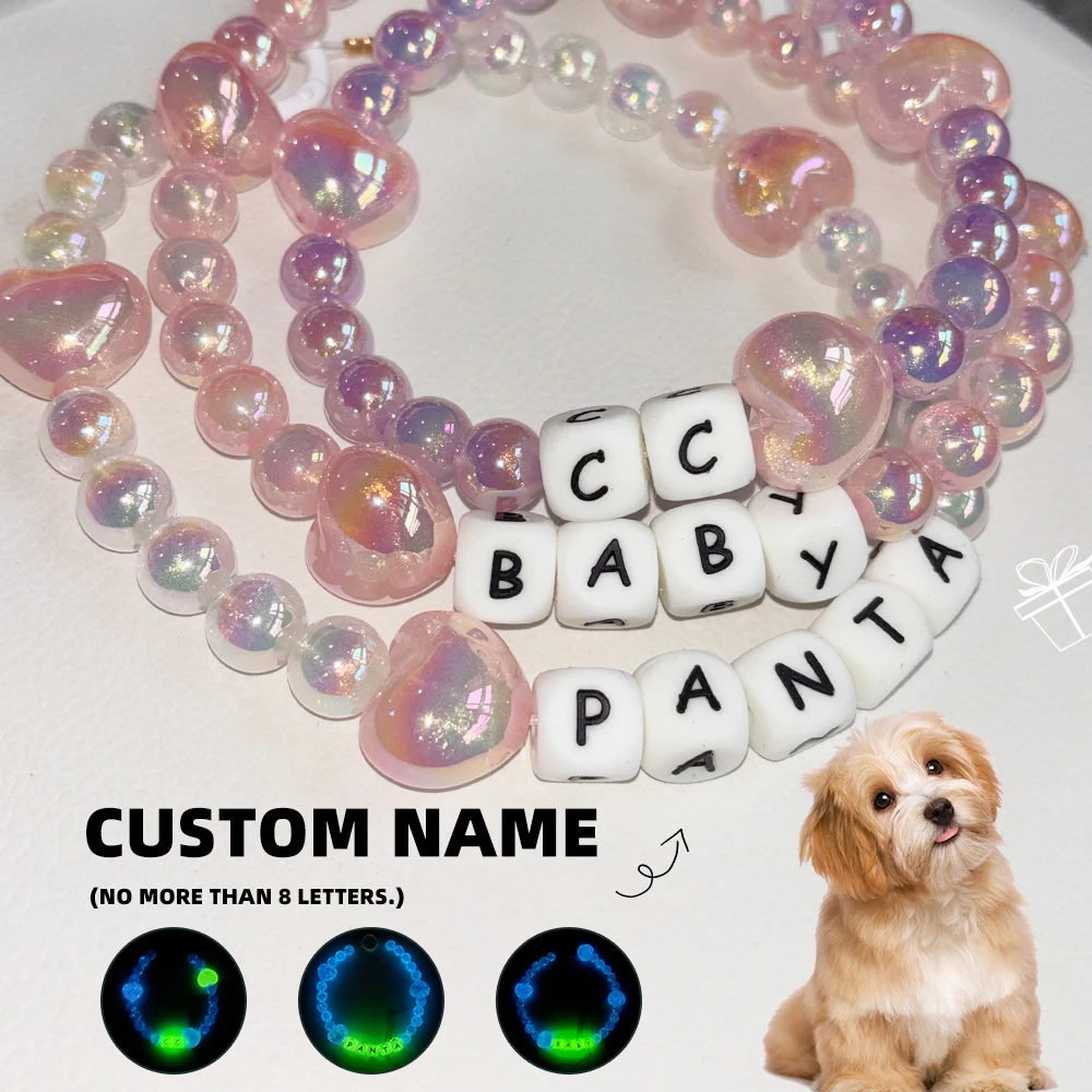 

Luminous Customizable Dog Cat Beaded Collar Personalized Pet Name DIY Letters Glowing at Dark Night Shining Heart Shape Bead