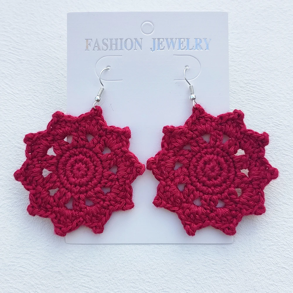 Crochet Chinese Style Red Round Flower Earrings For Women National Style Jewelry Gift 2024 ﻿Handmade 100%