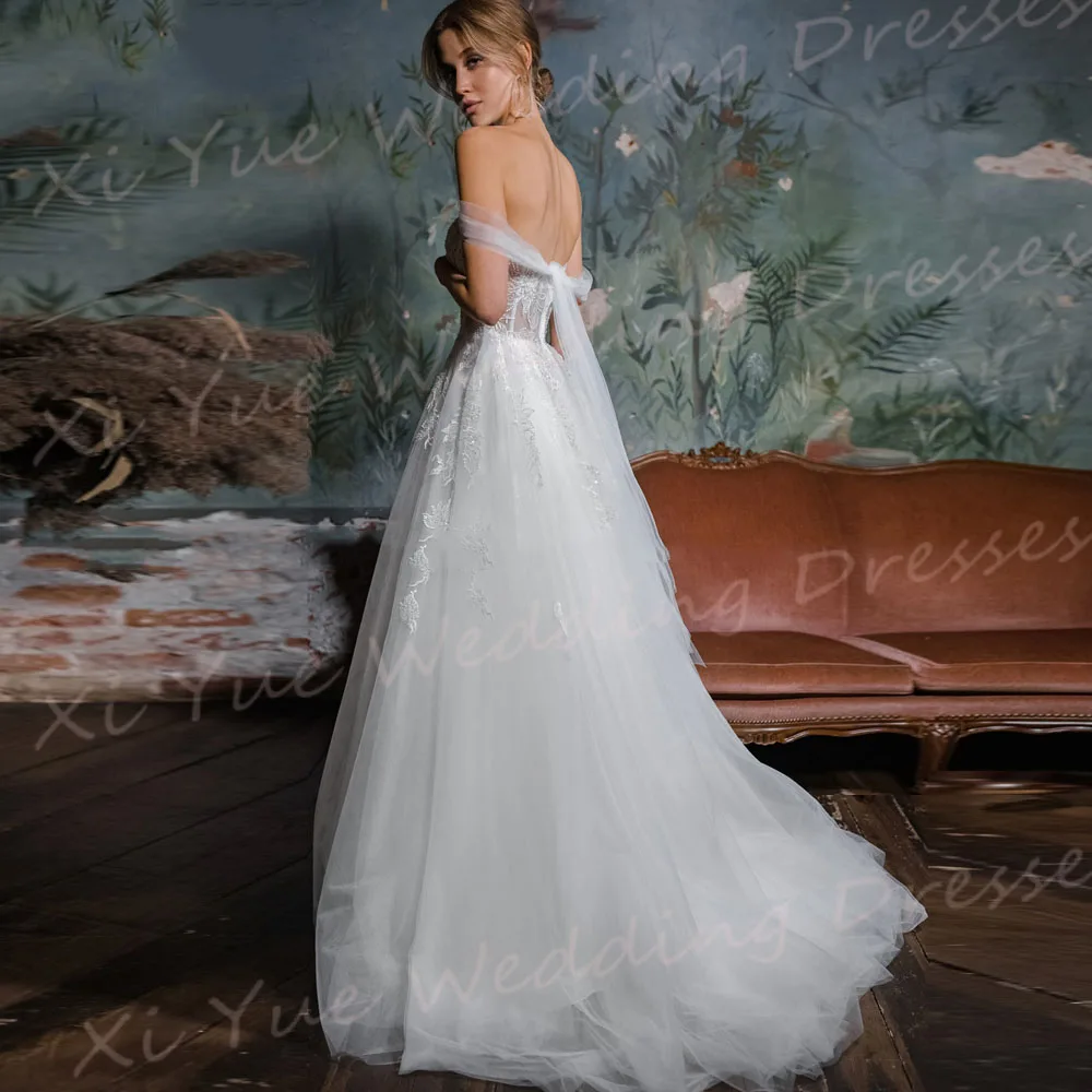 Affascinante una linea abiti da sposa da donna eleganti Appliques di pizzo abiti da sposa Sexy spacco laterale con spalle scoperte Vestido De Noivas