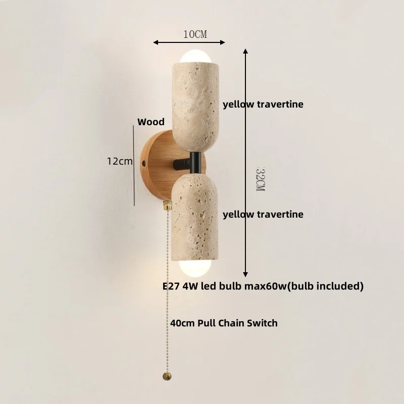 Pull Chain Switch LED Wall Light Fixture Reading Aisle Bar Nordic Modern 2 Yellow Travertine Stone Wood Canopy Bedside Lamp