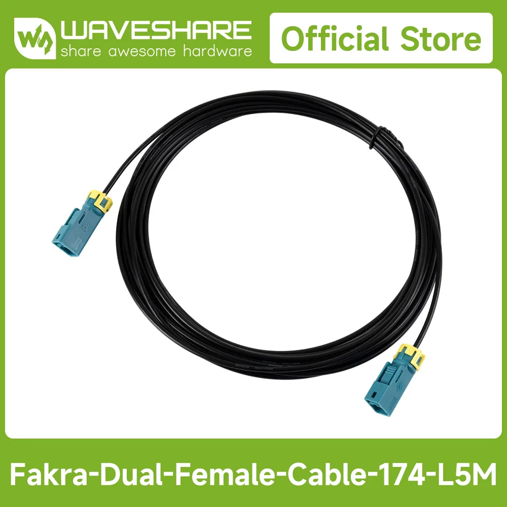 Waveshare Fakra Z-Coded Dual Female Waterproof Coaxial Cable, RG174 Coaxial Cable, 5m Length, Compatible With GMSL1/2 Cameras