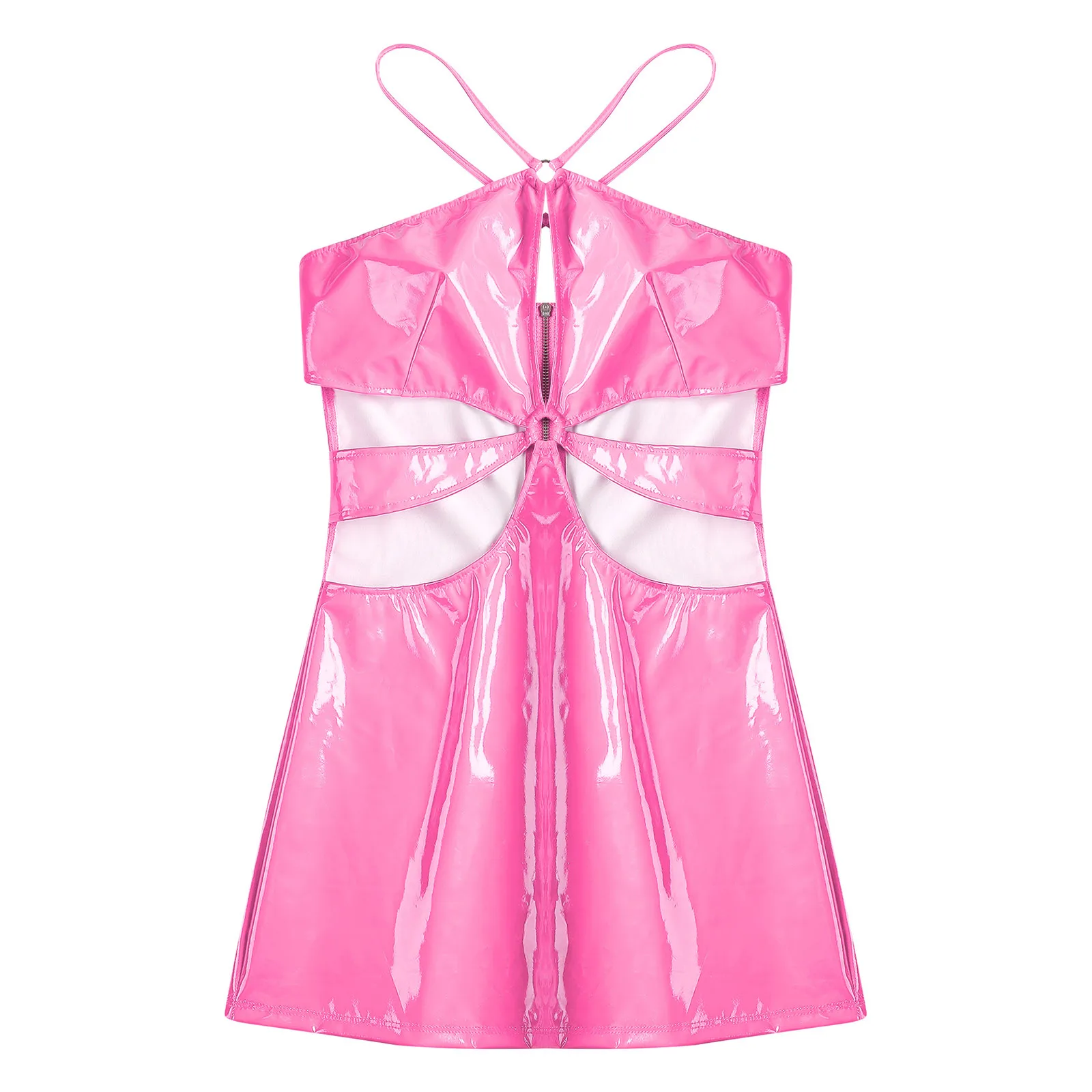 Womens Wet Look Latex Mini Dress PU Leather Lingerie Halter Bodycon Dress Latex Catsuit Hollow Out Short Dress Rave Clubwear