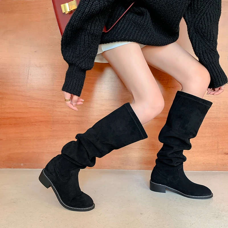 Taoffen Women Knee-high Boots Warm Suede Fashion Pleated Low Chunky Heel Lady Flat Shoes Autumn Daily Footwear Female Long Boots