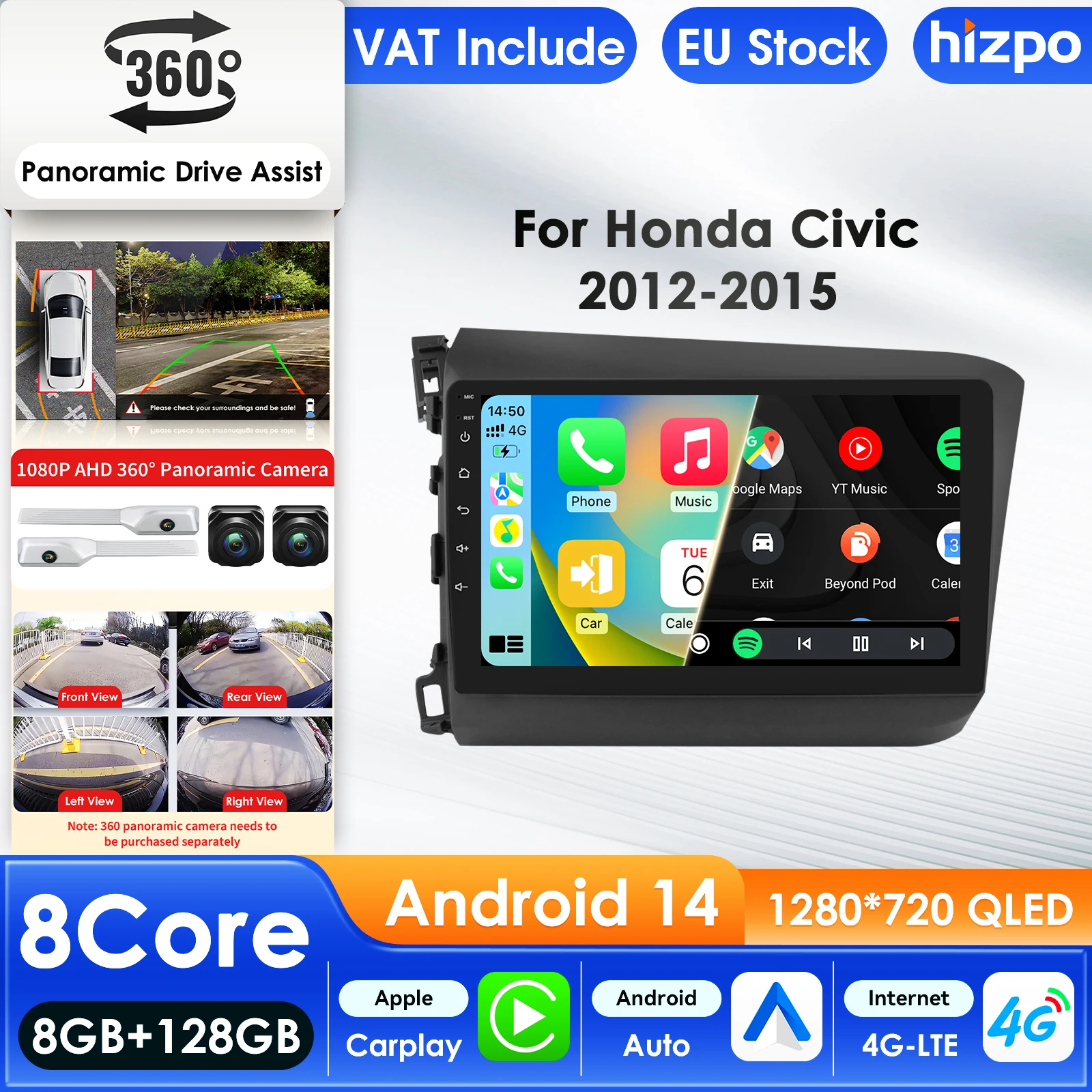 Hizpo Autoradio für Honda Civic 2012-2015 Audio-Multimedia-Player CarPlay Android Auto GPS 4G WLAN Bluetooth WLAN Autoradio AI 9 Zoll Intelligenter Bildschirm QLED-Display Automotive Head Unit
