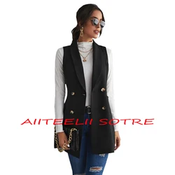 Women's Blazer Vest Double Breasted Long Jacket Vintage Slim Waistcoat Sleeveless for Lady