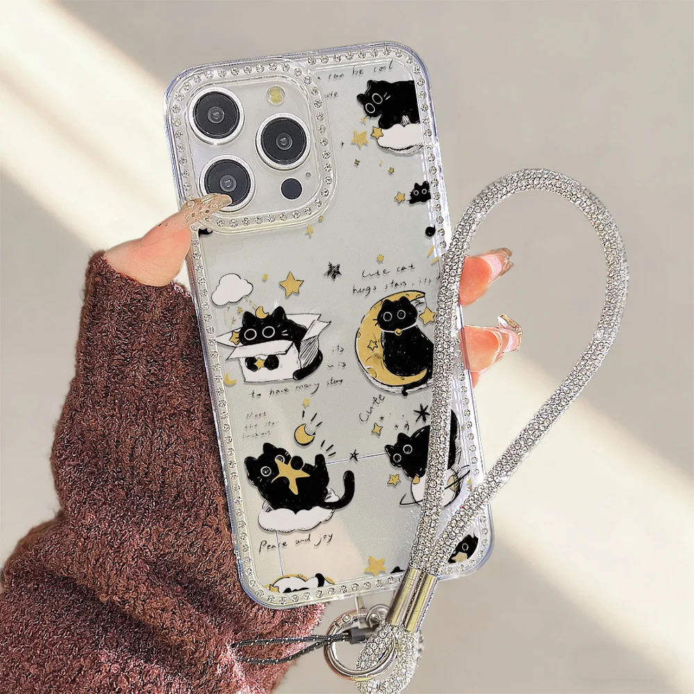 

Black Cat Clear Diamond Case For iPhone 17 Fundas iPhone 16 Pro Max 17 Air 15 14 13 12 11 With Bling Phone Lanyard Soft Covers