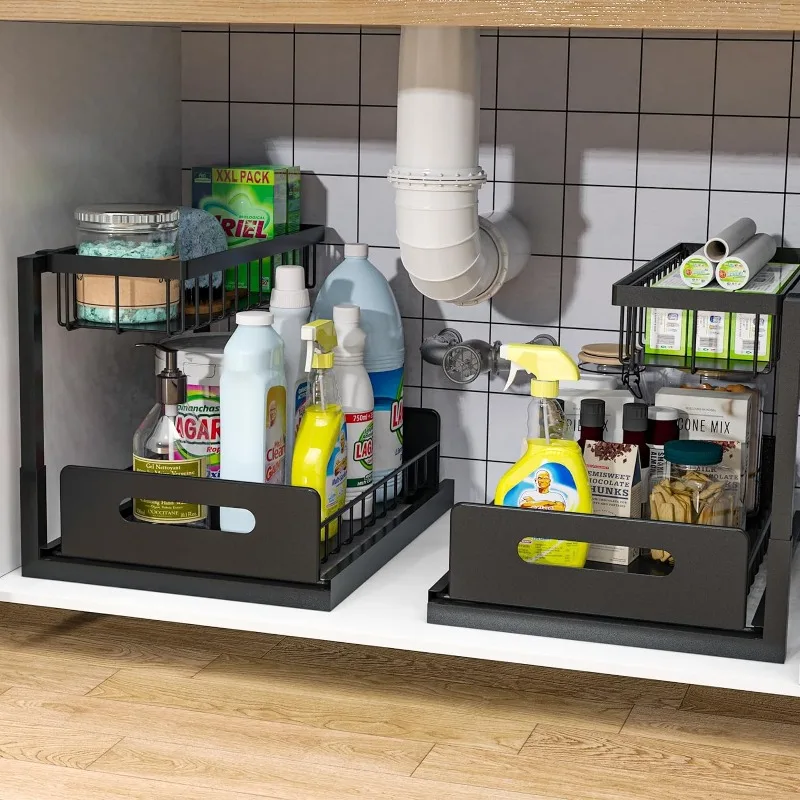 

Under Sink Organizer, Pull Out Cabinet Organizer 2-Tier Slide Out Sliding Shelf Under Cabinet Storage Multi-Use ，2 Pack