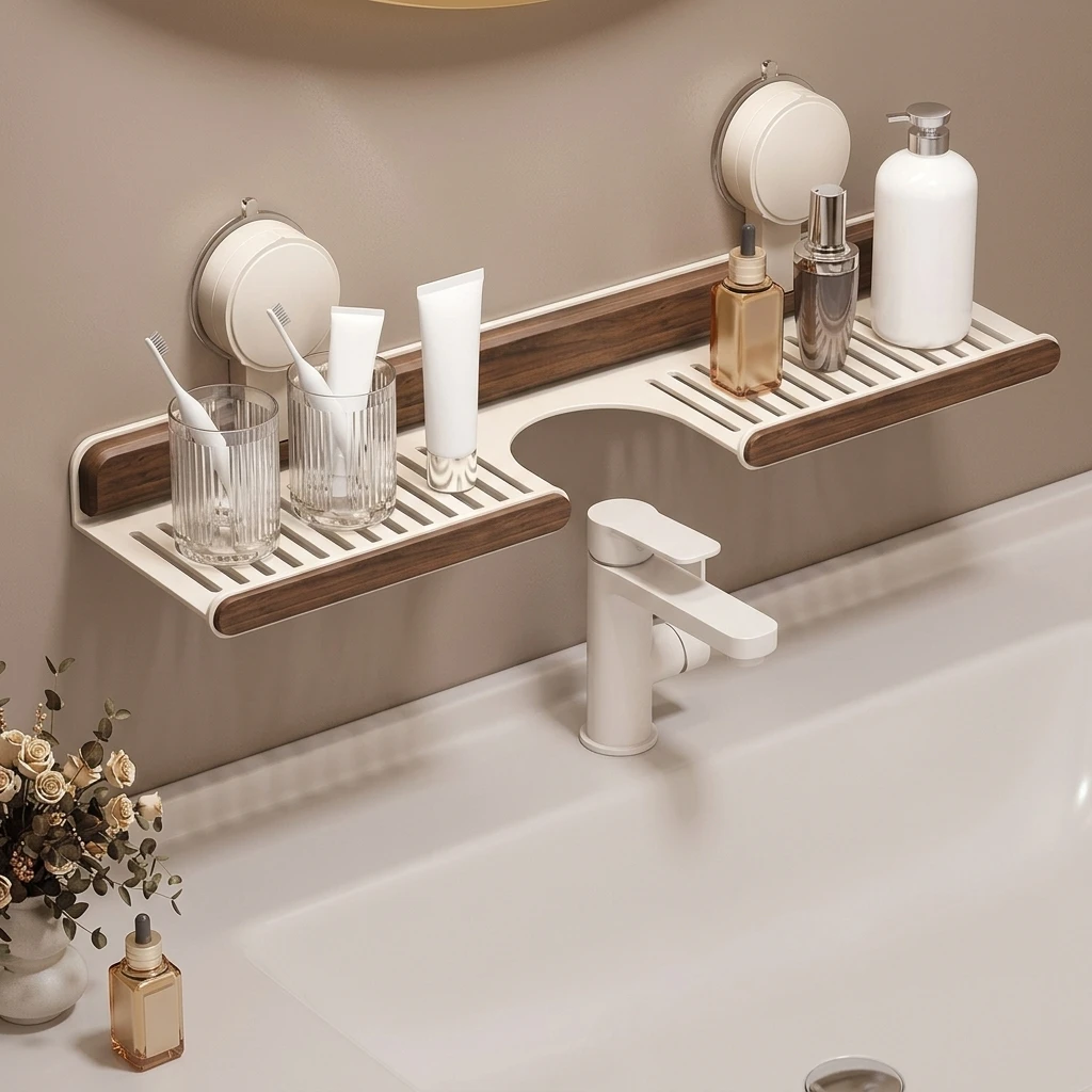 Walnut-wood Suction Cup Rack Bathroom Kitchen Grain Faucet Shelf Wall Mounted Bathroom Tooth Cup Soap Drain Basket No Drilling
