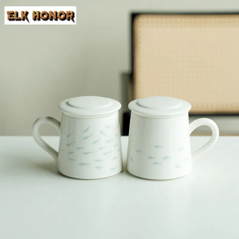 350ML Sheep Fat Jade Linglong Porcelain Fish Filter Tea Separator Cup Boutique Tea Mug with Infuser Tea Making Office Water Cup