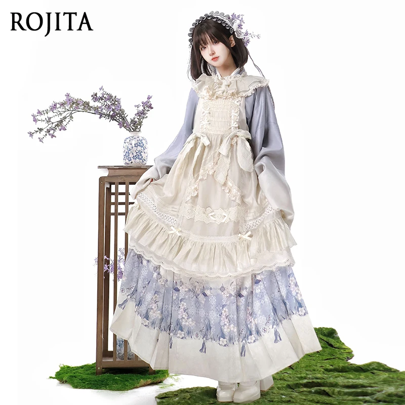 Hanfu Lolita 3-Piece Set: Lace Overdress + Printed Horse Face Skirt + Blouse, Traditional Chinese Style Cosplay Costume