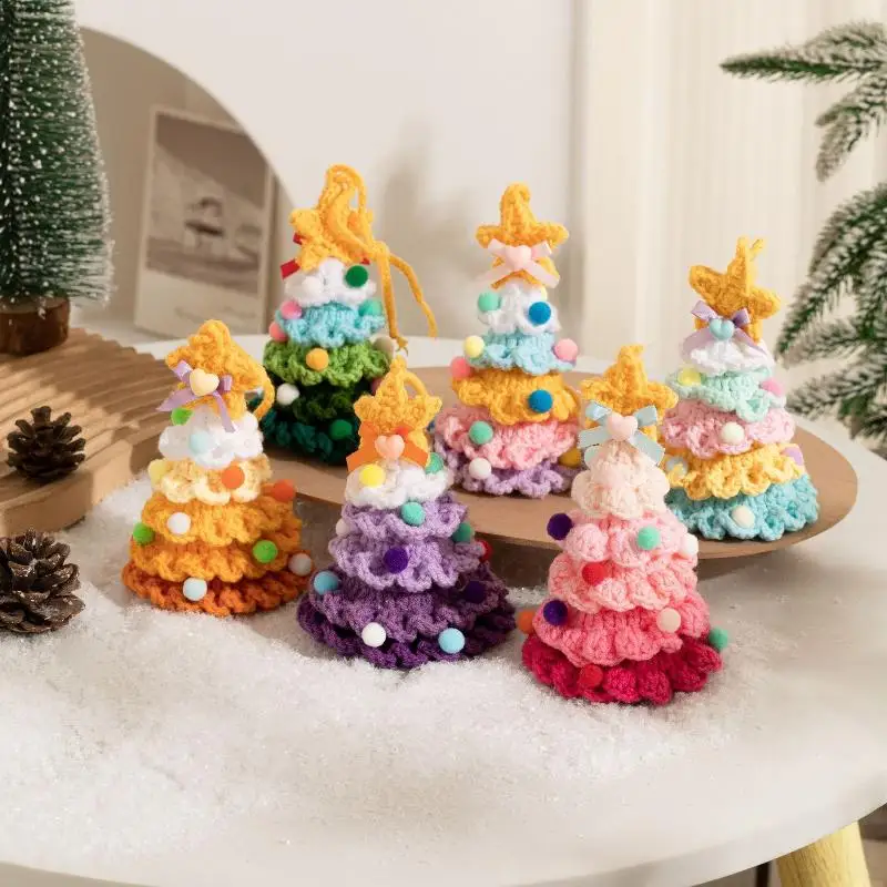 Soft Plush Crochet Christmas Tree Pendant Knitted Wool with Jingle Bell for Rustic Xmas Tree Wall Door Hanging Decor