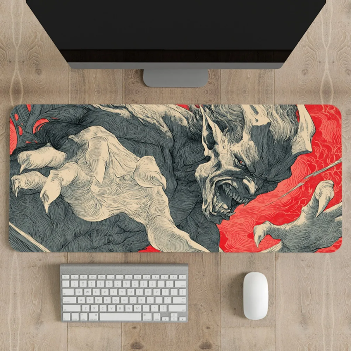 Tapete de mesa para jogos Red Demon Art: base de borracha antiderrapante e superfície de poliéster premium, estética gótica moderna para PC/espaço de trabalho doméstico